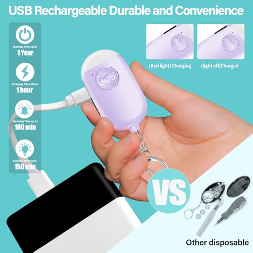 Hion Personal Safety Alarm for Women, Rechargeable 130dB Self Defense Alarm Keychain with LED Flashlight, Emergency Safe Sound Security for Children Elderly College Girls Men, Purple - color: Purple
