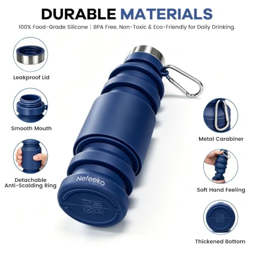 Nefeeko Collapsible Water Bottle, Reuseable BPA Free Silicone Water Bottles - color: Navy Blue-18oz