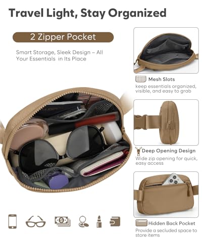 Pritent Fanny Packs for Women Crossbody Belt Bag With Zipper Back Pocket - color: Khaki, size: Large