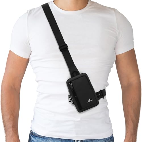 Peicees Small Crossbody Bag for Men Women Mini Sling Bag Travel Running Phone Daypack Cross Body Shoulder Bags with Keyholder - color: Black