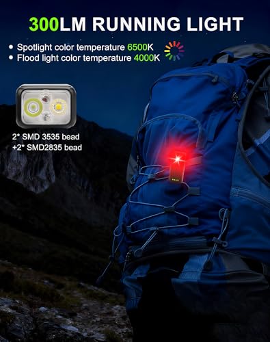 Rechargeable Running Flashlight, 500LM Super Bright COB Running Light, 10/4 Lighting Modes, Magnetic Back Clip & Wrist Wearable, 90°/120° Adjustable, IP54/IPX5 Waterproof, for Runners, Camping,