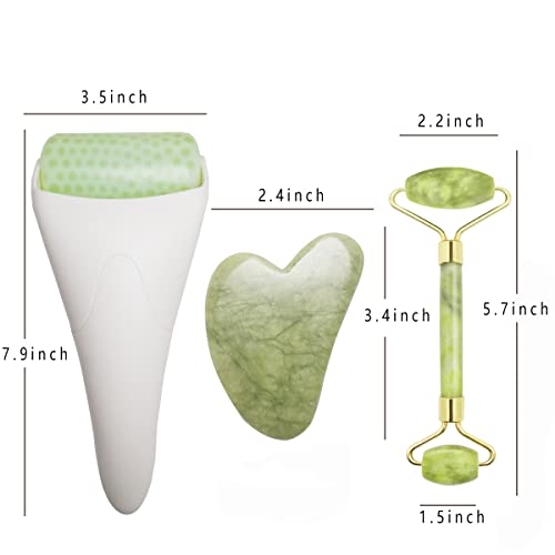 3 in 1 Ficial Face Ice Jade Roller and Gua Sha Tool, Natural Real Jade Anti-Wrinkle Face Eye Neck Massager Tool, Reduce Wrinkles, Puffiness, Migraine, Redness, Pain and Injury - color: White