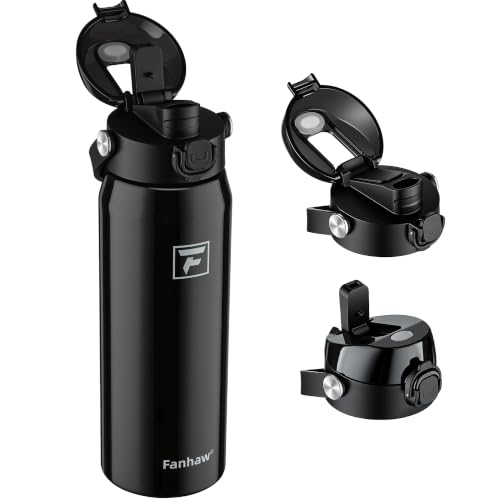 Fanhaw 24oz Stainless Steel Water Bottle with 2-in-1 Lid, Glossy Black - color: Glossy Black