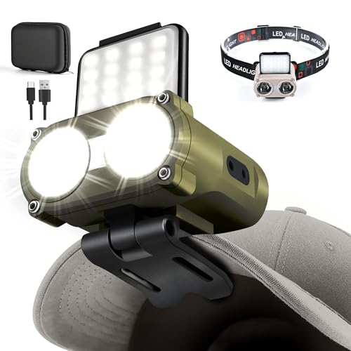 Hopedone 2-in-1 Rechargeable Headlamp & Hat Light, 800LM Clip-On Cap Light - color: Olive Green