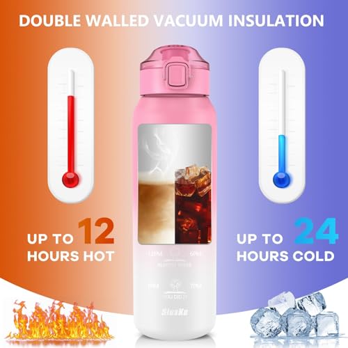 SLUXKE 17oz Insulated water bottles with 2 Lids (Straw and Chug Lid), 18/10 Stainless Steel Water Bottle BPA Free, Double Wall Vacuum Wide Mouth Insulated for Men, Women & Kids PINK WHITE - color: PINK WHITE, size: 17 Ounces