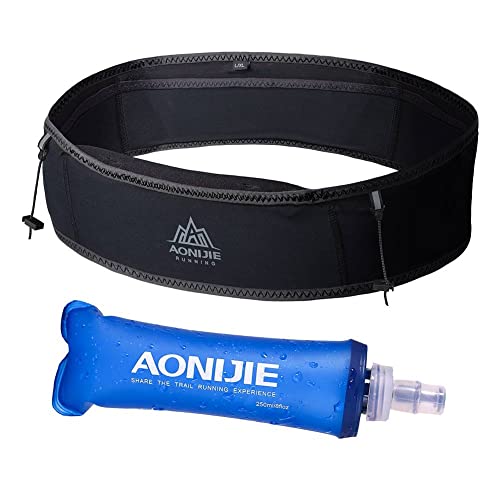 AONIJIE Running Belt Fanny Pack with 250ml Soft Water Bottle Flask for Women Men, Moisture Wicking Waist Pack Great for Marathon Climbing Jogging Cycling, for 6.8in Mobile Phone (Full Black: S/M) - color: Full Black: S/M