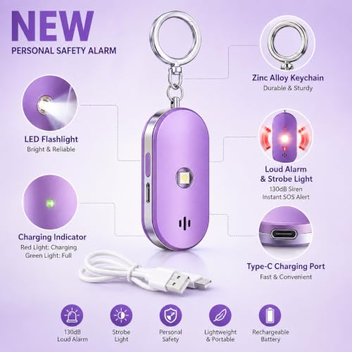Personal Safety Alarm for Women, 130dB Rechargeable Keychain Alarm with Bluetooth SOS Alerts, Dual Speakers, Strobe Light, Low Battery Reminder, USB-C Emergency Siren for Travel(Purple) - color: Purple