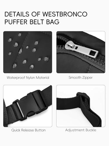 WESTBRONCO Puffer Fanny Packs for Women Quilted Nylon Waterproof Belt Bag with 2 Zipper, Puffy Crossbody Bag with Adjustable Strap, 1L Waist Bag for Travel Daily - color: A-Black-25