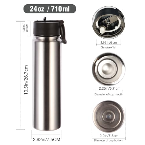 Volhoply 24oz Insulated Water Bottle with Straw Lid, Silver, 1-Pack - color: Silver