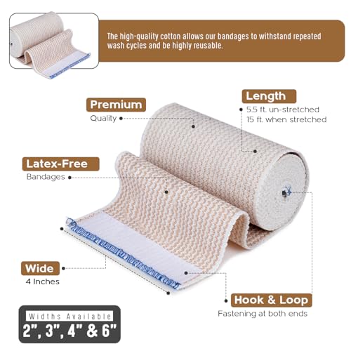 Premium Elastic Bandage Wrap (4” Wide, 25 Pack) - Nexskin Latex Free Athletic/Medical Compression Bandages Hook & Loop Fasteners at Both Ends - Lifetime Washable & Reusable Bandages - size: 25 Pack