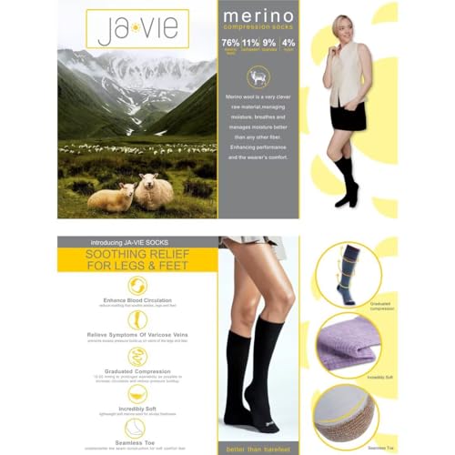 ja vie 76% Merino Wool Graduated Compression Socks for Women & Men (15-20mmHg), 6 Pairs - color: 6 Pairs: 1 Pure Black+ 1 Med Grey+ 1 Teal Blue+ 1 Black+ 1 Heather Grey+ 1 Denim, size: Medium