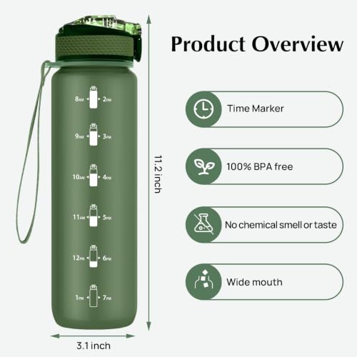 EYQ 32oz Water Bottle with Straw, Sports Bottle with Time Marker - color: 8.Hunter Green