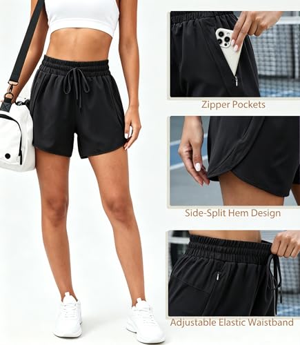 Halife Women's High Waisted Quick Dry Athletic Running Shorts with Pockets - color: Black, size: Large