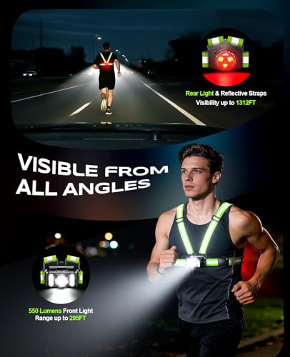 550LM Running Lights for Runners with Rear Light, 7+2 Modes & 360° Reflective Running Vest, IPX4 Waterproof, 45° Adjustable Rechargeable Running Light for Walking/Cycling/Hiking, 4-25H Runtime