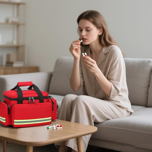 First Aid Bag Empty First Responder Bag,First Aid Kits Storage,Trauma Bag with Detachable Dividers, Medical Bag for Nurses,Ideal for EMT, EMS,Paramedics,Home Health Care(Bag Only) - color: Red