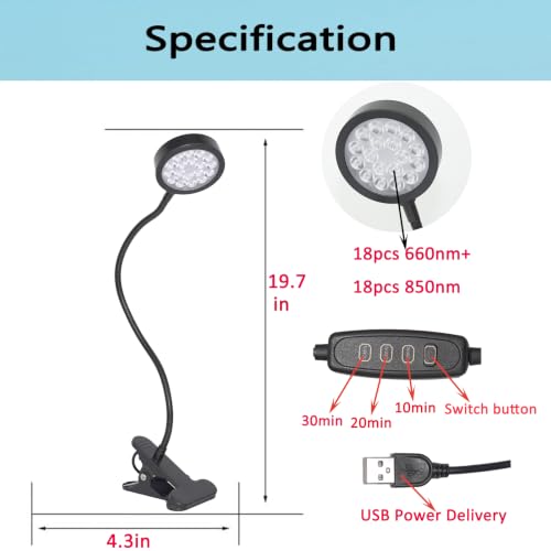 Red Light Relief Lamp for Face, USB-Powered, 18 LEDs 660nm and 850nm NIR‌
