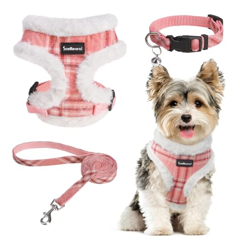 SCENEREAL Small Dog Harness and Leash Set, Fleece Pink Plaid,XS - color: Fleece-Pink Check Pattern, size: XS: Chest Girth: 10"-14"