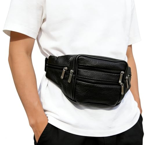 Genuine Cowhide Leather Fanny Pack, Separate Storage 7 Pockets Waist Pack - color: black
