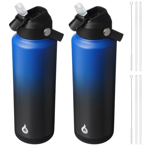 BJPKPK 2 Pack 40oz Insulated Water Bottles with Straw Lids, Stainless Steel - color: 2 X Black Blue, size: 40 Ounces