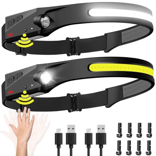 Headlamp Rechargeable 2PCS, 230° Wide Beam Head Lamp LED with Motion Sensor for Adults - Camping Accessories Gear, Waterproof Head Light Flashlight for Hiking, Running, Repairing, Fishing, Cycling - size: 2 Pack