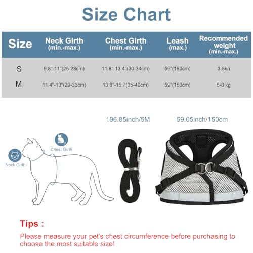 Cat Harness and Leash Escape Proof, Adjustable Kitten Harness and Leash Set for Cats Walking, Step-in Soft Breathable Mesh Vest with Reflective Strips, Lightweight Retractable Dog Leashes 16 Ft - color: Gray Black Harness+Leash, size: Harness-M