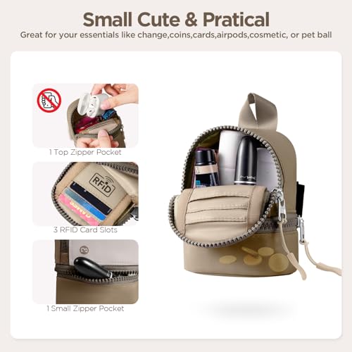 Babysun Mini Backpack Keychain Wristlet Pouch Small Change Coin Purse Cute Zipper Wallet With 3 RFID Card Slots For Women/Men Airpods Cosmetics - color: Khaki