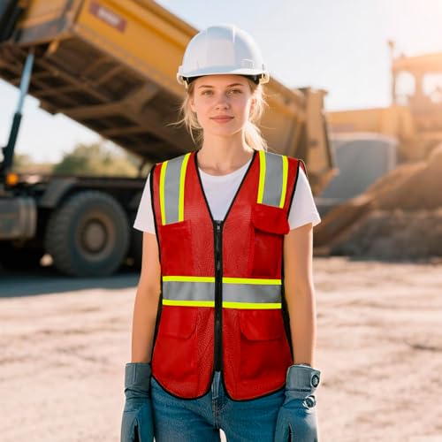 Safety Vest for Women 9 pockets Womens Safety Vest, Red XS - color: Red, size: X-Small