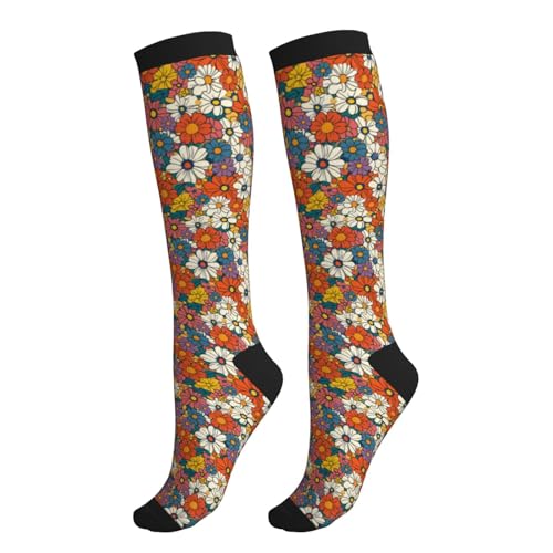 Compression Socks Knee High Circulation Support Socks For Women Men Athletic Running Hiking Travel - color: Retro Flowers