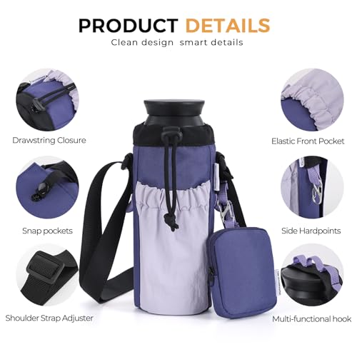 Water Bottle Holder with Strap Fits 16-24oz Bottle, Water Bottle Carrier with Earphone Bag, Hands-Free Crossbody Bottle Bag for Dog Walking, Travel, Hiking & Everyday Use - color: Purple