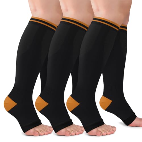 CTHH Toeless Compression Socks for Women & Men Open Toe Knee High Stocking - color: Black/Brown, size: Large-X-Large