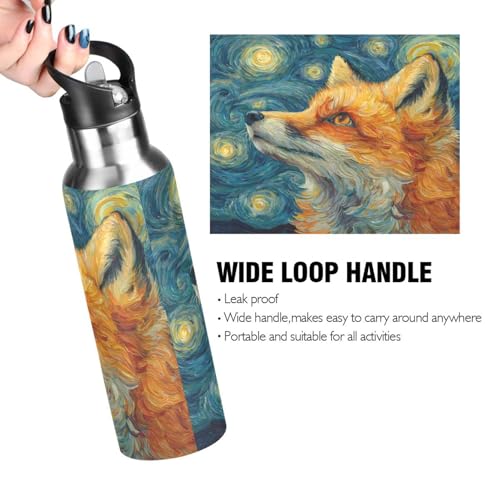 OTVEE Starry Night Fox Water Bottle Sports Water Bottle Insulated Stainless Steel Hot Cold Water Mug with Straw Lid & Handle for Sports Gym 20 oz - color: Starry Night Fox