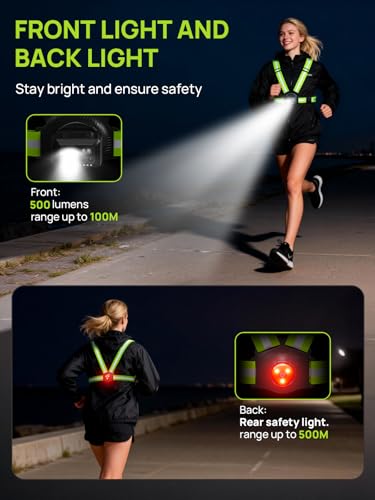 Acso Running Lights for Runners, 500 Lumens Running Light with 360°Reflective Vest, 45° Adjustable,IPX5 Waterproof Rechargeable Light Up Gear for Night Walking/Cycling/Jogging/Hiking