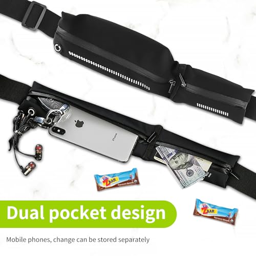 SooGree Slim Running Belt, Sport Fanny Pack for Women Men, Dual Pouch Sweatproof Reflective Waist Bag for Hiking Travelling Cycling Workout Gym(Black) - color: Black, size: 1082