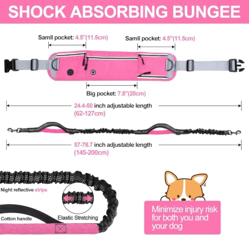Hands Free Dog Leash with Partitioned Pouch Adjustable Waist Belt, Waist Leash for Dog Walking Running, Dual Handles,for Medium/Large Dogs - color: Pink