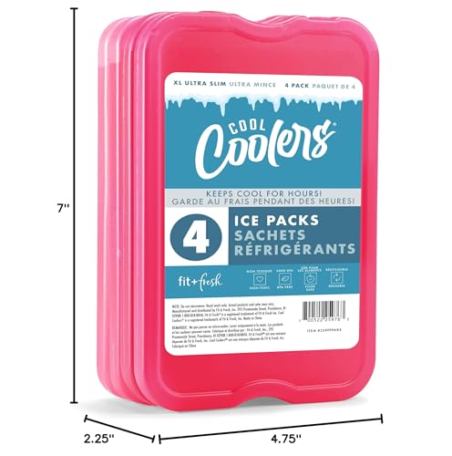 Cool Coolers by Fit & Fresh 4 Pack XL Slim Ice Packs, Quick Freeze Space Saving Reusable Ice Packs for Lunch Boxes or Coolers - color: Pink (4 Pack)