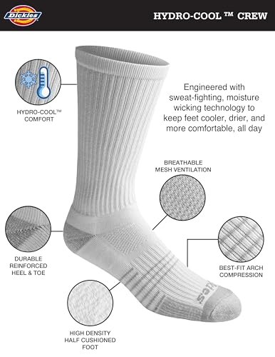Dickies Men's HYDRO-COOL Moisture Control Crew Socks (6 Pairs) - color: White (6 Pairs)