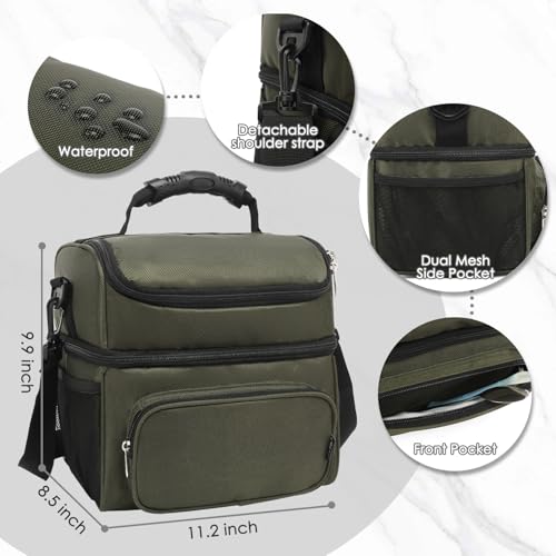 FlowFly Double Layer Cooler Insulated Lunch Bag Adult Lunch Box Large Tote Bag for Men, Women, With Adjustable Strap,Front Pocket and Dual Large Mesh Side Pockets - color: Army Green