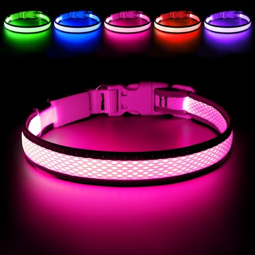 Flashseen LED Dog Collar, Light Up Dog Collar USB Rechargeable - color: Pink, size: Medium