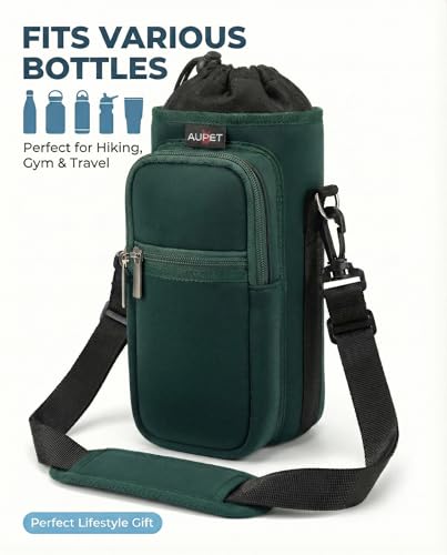 AUPET Water Bottle Sling Bag Sleeve Holder Carrier 25/32/40/64 oz,Insulated Crossbody Water Bottle Case Cover with Strap and Pockets for Men/Women Walking Hiking - color: Dark Emerald Green, size: 64oz