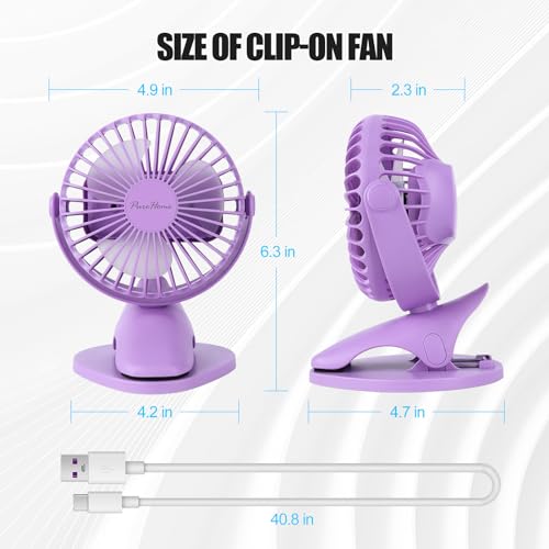Portable Clip Fan Battery Operated,3 Speeds USB Rechargeable Mini Table Fan with Strong Airflow,360°Rotation Ultra Quiet Personal Desk Fan for Home Office Bedroom Dorm Stroller Camping(Purple) - color: Purple