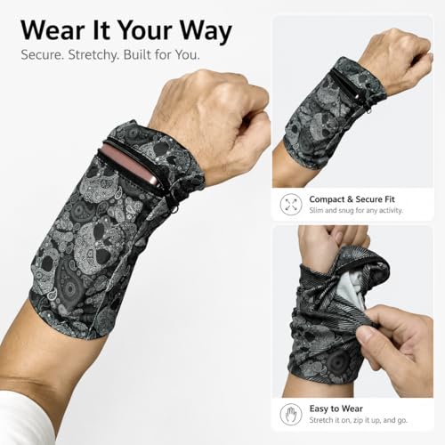 1 Pack Running Phone Armband Holder, Zipper Wrist Arm Pouch for Workout Gym Jogging Pocket for Phone Keys Cards Men Women - color: Skull
