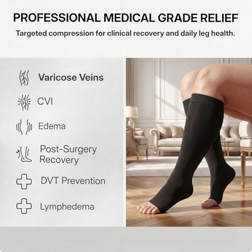 MGANG Plus Size Medical Compression Stockings for Women & Men, Open Toe - color: Knee High Open Toe Black, size: 6X-Large