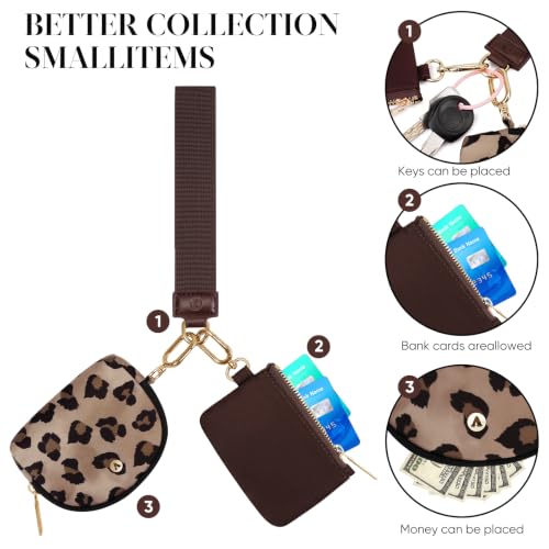 VUTUXA KeyChain Wallet Wristlet For Women Mini Zip Dual Pouch Coin Purse - color: Brown leopard + brown