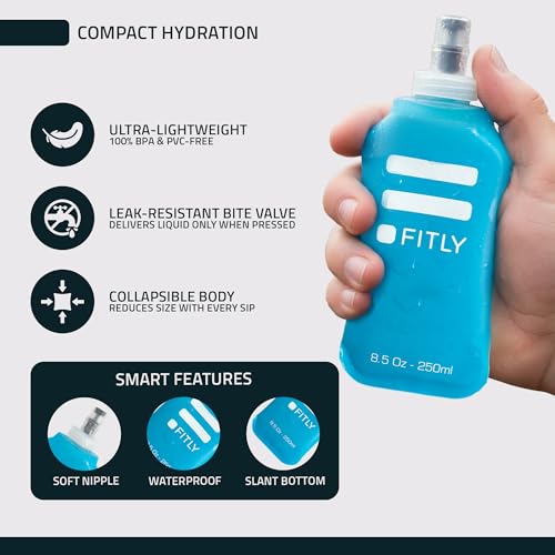 FITLY Soft Flask Running Water Bottle - Collapsible Hydration Flask - color: Blue, size: 8.5 Ounces