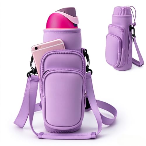 linmaya Water Bottle Carrier Bag,Water Bottle Holder with Straps Phone Pockets Fits Stanley IceFlow Owala 16/24/32/40oz Tumbler - color: Purple, size: 16-40 Oz wihtout Handle