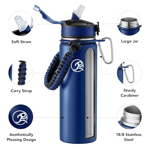 GOSWAG 24oz Insulated Stainless Steel Travel Water Bottle, 2 Lids - color: Matte Navy Blue