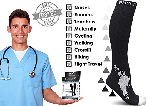 Physix Gear Compression Socks 20-30 mmHg - Men & Women - Running, Nurses, Shin Splints, Flight, Travel - color: Black/Grey Flower, size: Large-X-Large