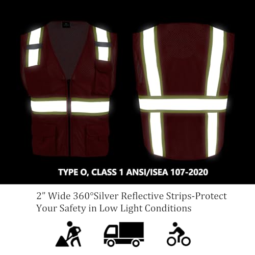 VENDACE Hi Vis Safety Reflective Mesh Vest for Men ANSI Class 2 High Visibility Vest with 8 Pockets and Zipper Red