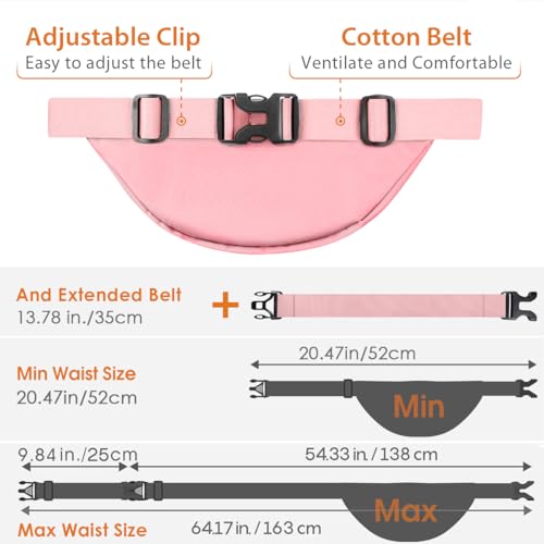 Large Fanny Pack for Women Men - Syican Waist bag with 3-Zipper Pockets - color: Pink+Extended Belt