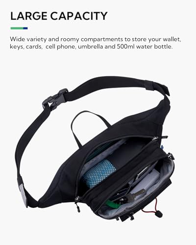 WATERFLY Running Belt Fanny Pack: Runner Marathon Jogging Waist Pack Sport Workout Exercise Fitness Phone Holder Belt for Men Women Jogger Slim Waistband Black - color: Black with Peacock Blue Panel